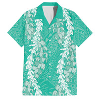 Puakenikeni and Maile Lei Family Matching Off The Shoulder Long Sleeve Dress and Hawaiian Shirt Sage Green Double Strand Lei