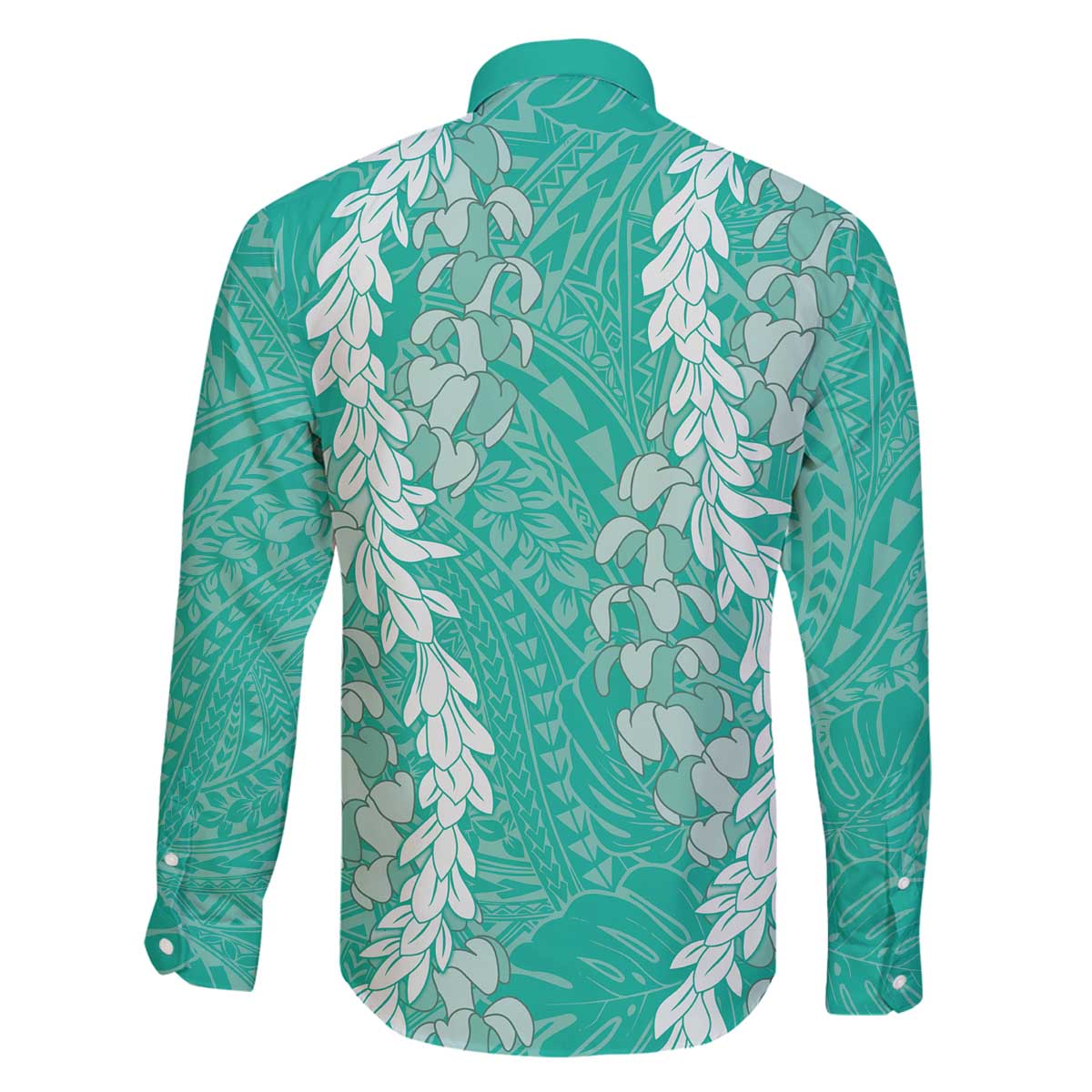 Puakenikeni and Maile Lei Family Matching Off The Shoulder Long Sleeve Dress and Hawaiian Shirt Sage Green Double Strand Lei