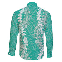 Puakenikeni and Maile Lei Family Matching Off Shoulder Maxi Dress and Hawaiian Shirt Sage Green Double Strand Lei