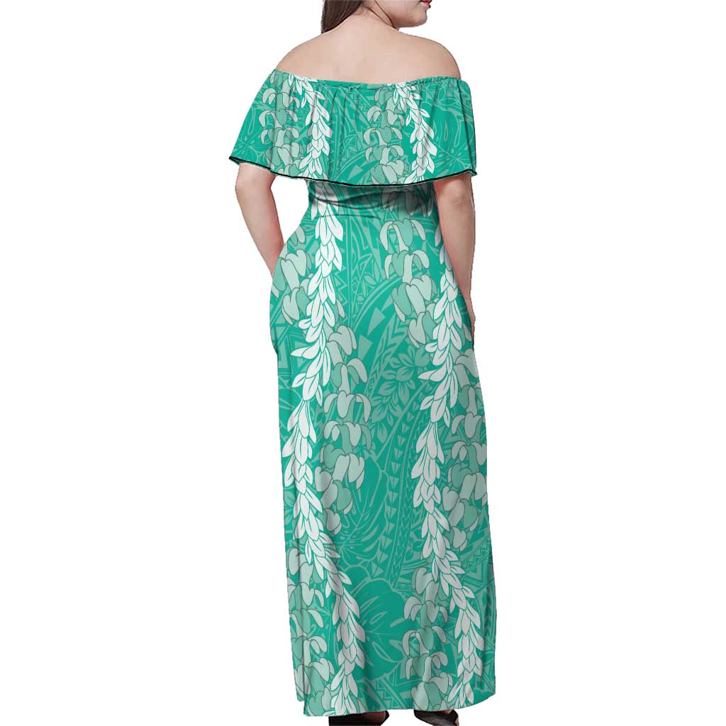 Puakenikeni and Maile Lei Family Matching Off Shoulder Maxi Dress and Hawaiian Shirt Sage Green Double Strand Lei