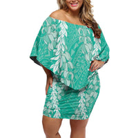 Puakenikeni and Maile Lei Family Matching Off Shoulder Short Dress and Hawaiian Shirt Sage Green Double Strand Lei