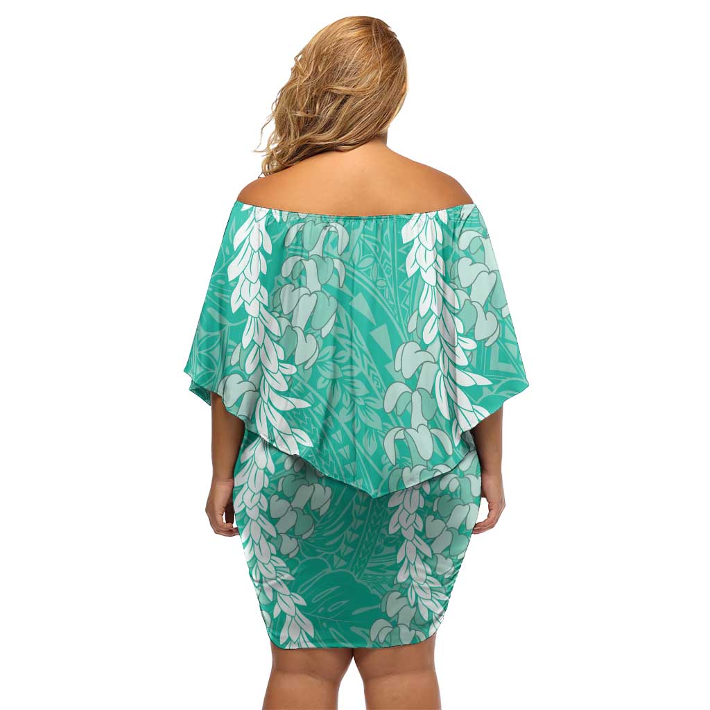 Puakenikeni and Maile Lei Family Matching Off Shoulder Short Dress and Hawaiian Shirt Sage Green Double Strand Lei