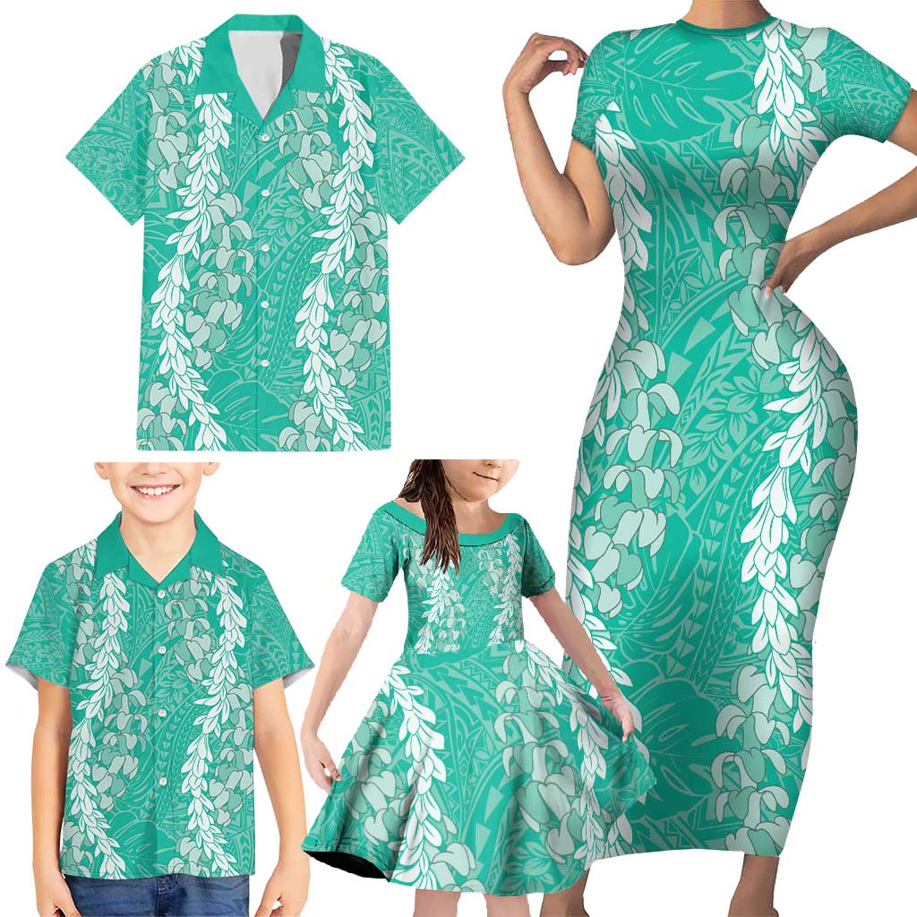 Puakenikeni and Maile Lei Family Matching Short Sleeve Bodycon Dress and Hawaiian Shirt Sage Green Double Strand Lei