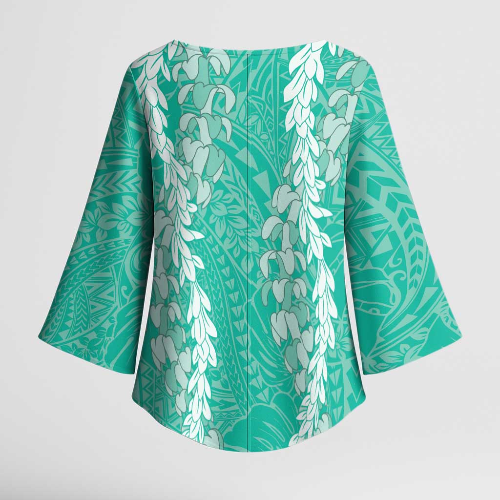 Puakenikeni and Maile Lei Kimono Sleeve Blouse Sage Green Double Strand Lei - Polynesian Pride
