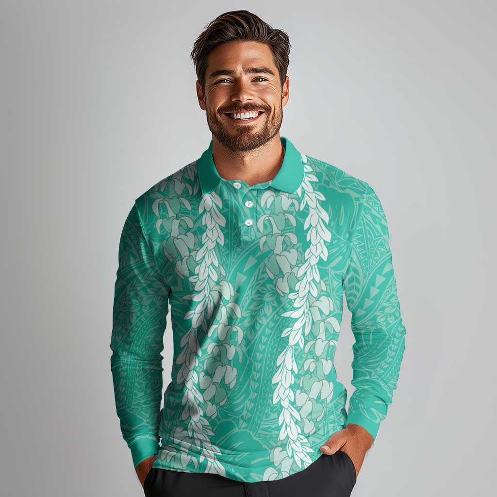 Puakenikeni and Maile Lei Long Sleeve Polo Shirt Sage Green Double Strand Lei LT9 - Polynesian Pride