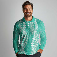 Puakenikeni and Maile Lei Long Sleeve Polo Shirt Sage Green Double Strand Lei LT9 - Polynesian Pride