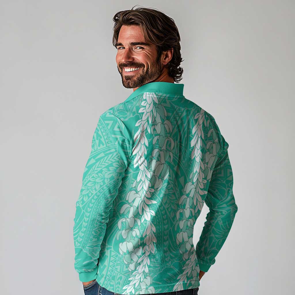 Puakenikeni and Maile Lei Long Sleeve Polo Shirt Sage Green Double Strand Lei LT9 - Polynesian Pride