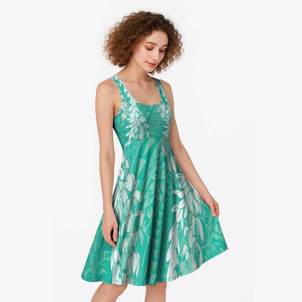 Puakenikeni and Maile Lei Midi Dress Sage Green Double Strand Lei - Polynesian Pride