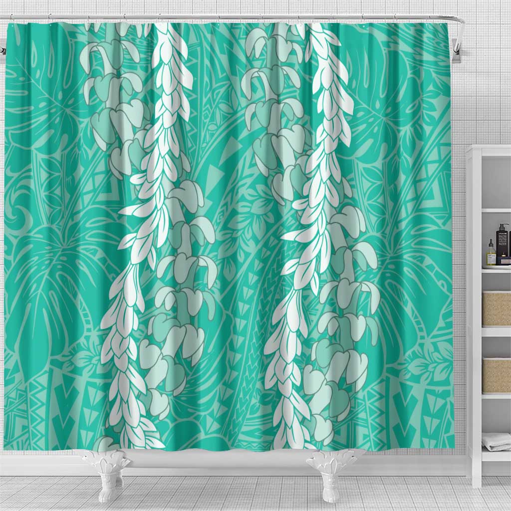 Puakenikeni and Maile Lei Shower Curtain Sage Green Double Strand Lei