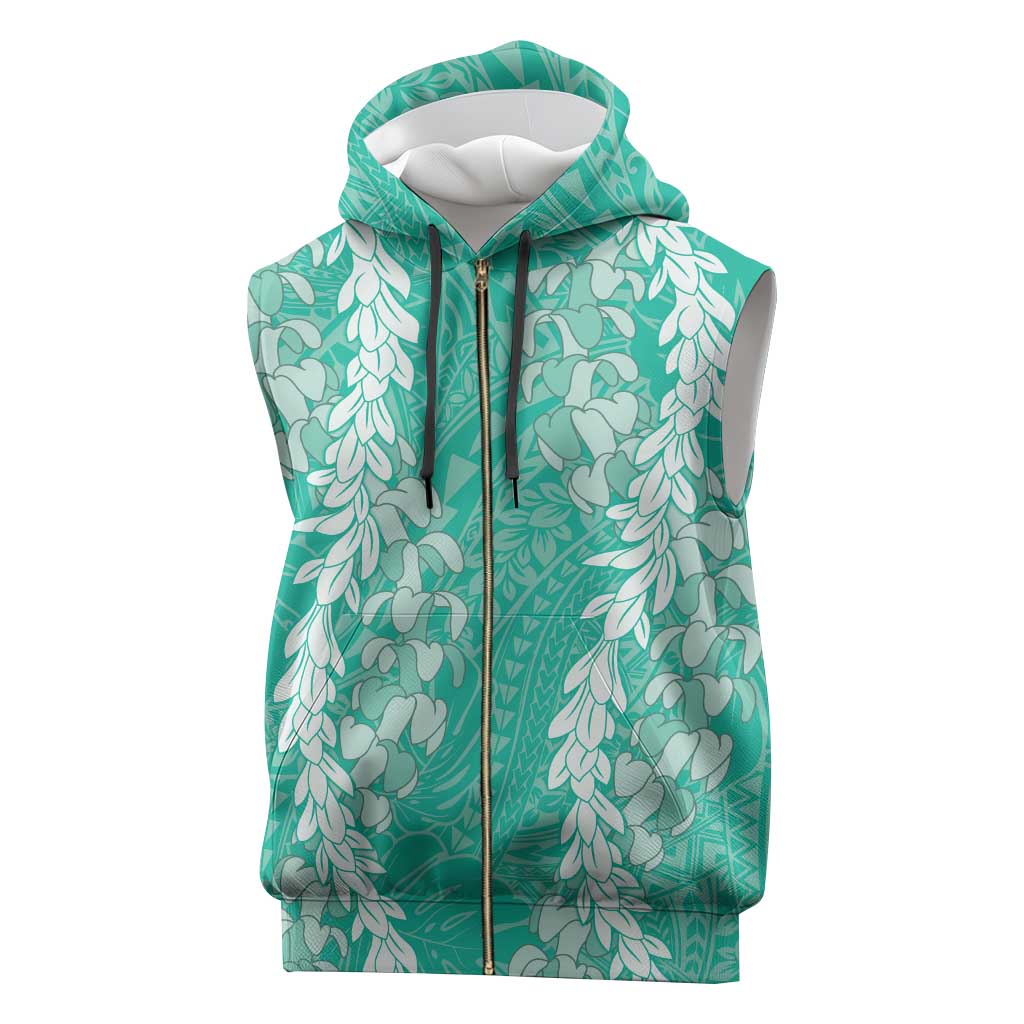 Puakenikeni and Maile Lei Sleeveless Zip Hoodie Sage Green Double Strand Lei - Polynesian Pride