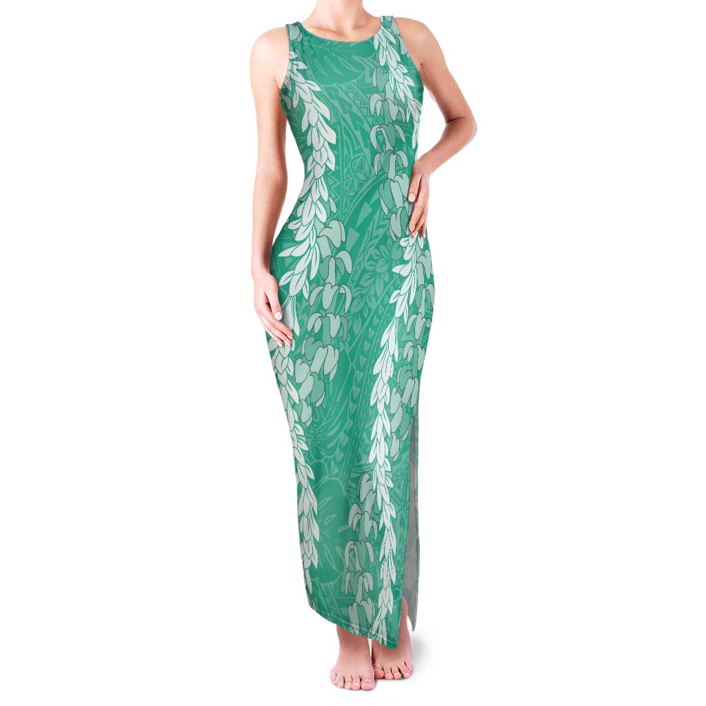 Puakenikeni and Maile Lei Tank Maxi Dress Sage Green Double Strand Lei