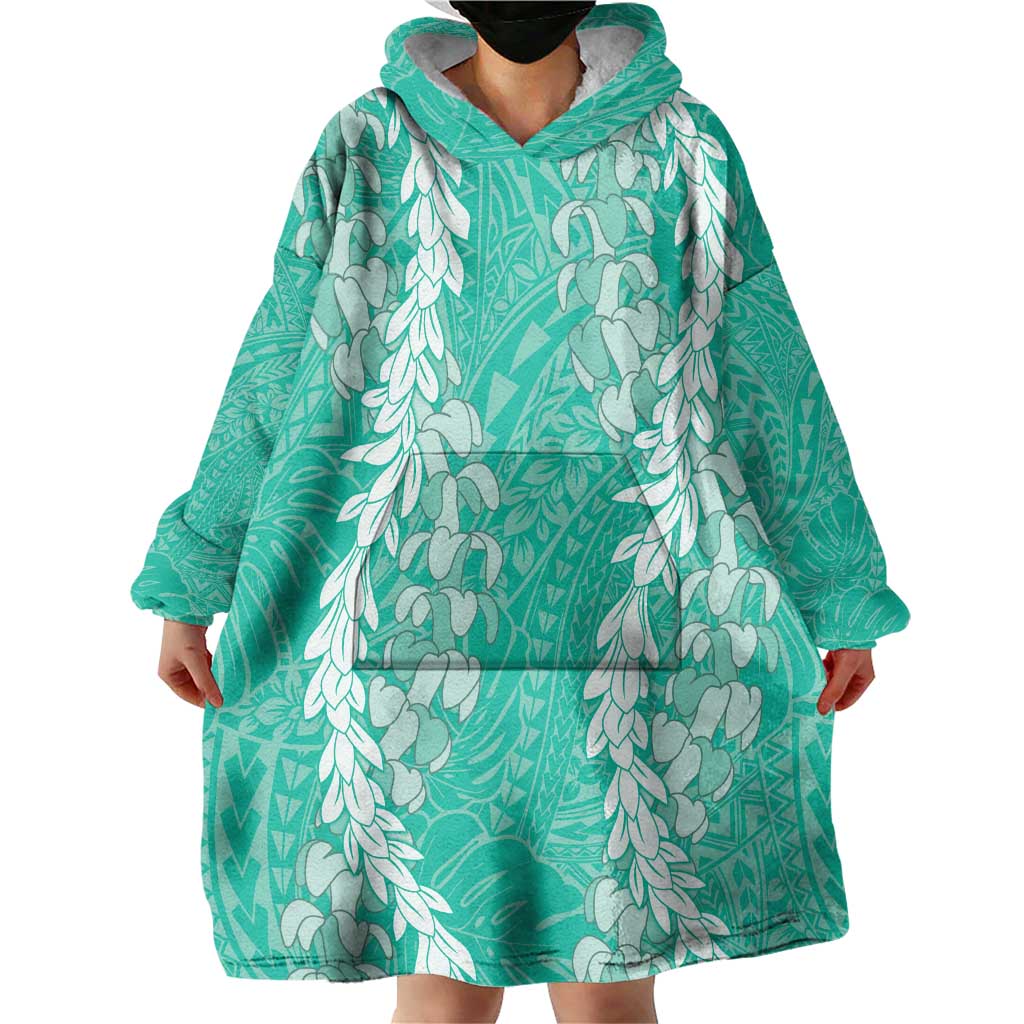 Puakenikeni and Maile Lei Wearable Blanket Hoodie Sage Green Double Strand Lei