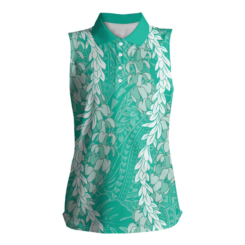 Puakenikeni and Maile Lei Women Sleeveless Polo Shirt Sage Green Double Strand Lei LT9 Female Sage Green - Polynesian Pride