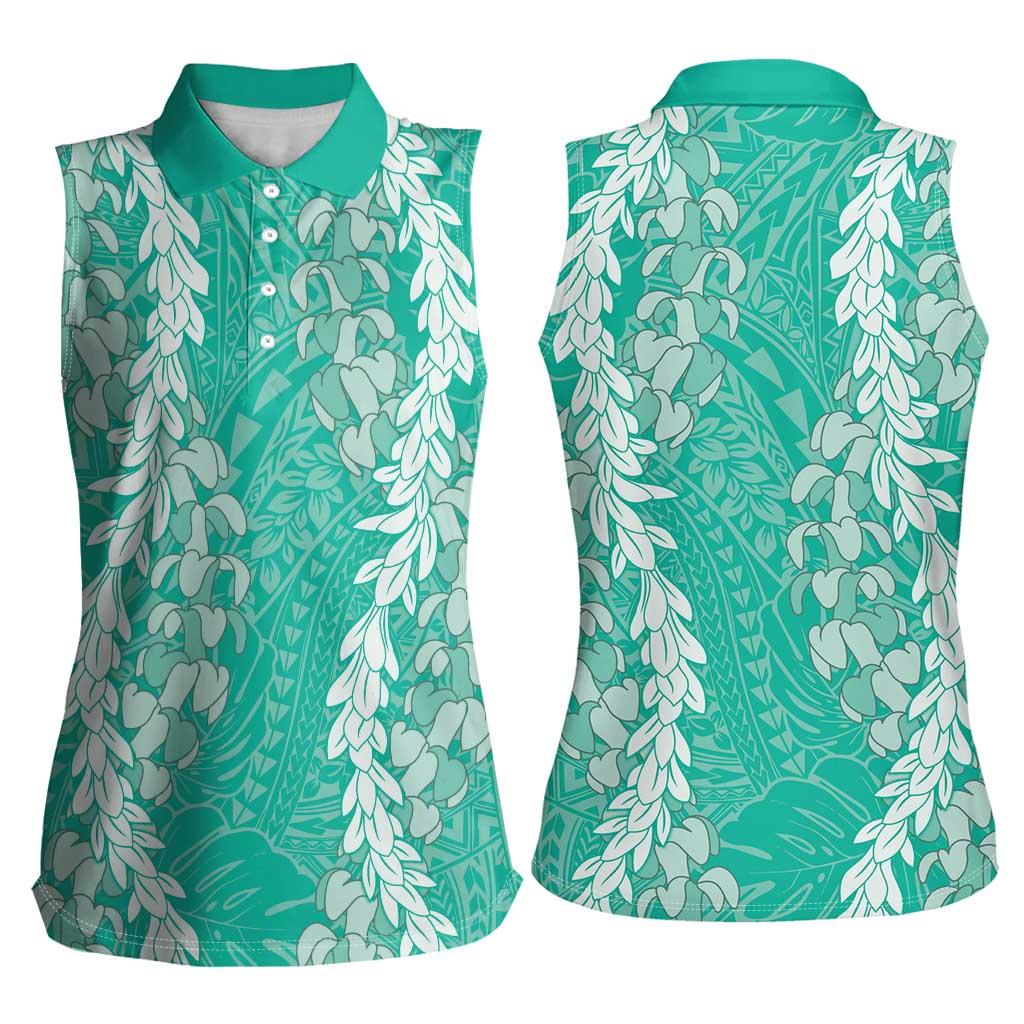Puakenikeni and Maile Lei Women Sleeveless Polo Shirt Sage Green Double Strand Lei LT9 - Polynesian Pride