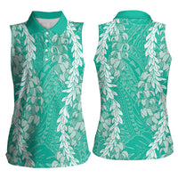 Puakenikeni and Maile Lei Women Sleeveless Polo Shirt Sage Green Double Strand Lei LT9 - Polynesian Pride