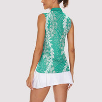 Puakenikeni and Maile Lei Women Sleeveless Polo Shirt Sage Green Double Strand Lei LT9 - Polynesian Pride