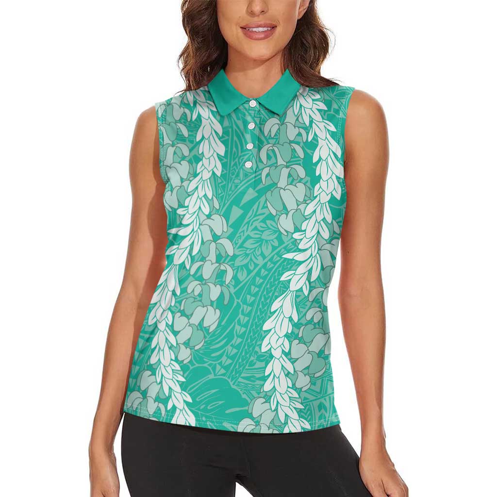 Puakenikeni and Maile Lei Women Sleeveless Polo Shirt Sage Green Double Strand Lei LT9 - Polynesian Pride