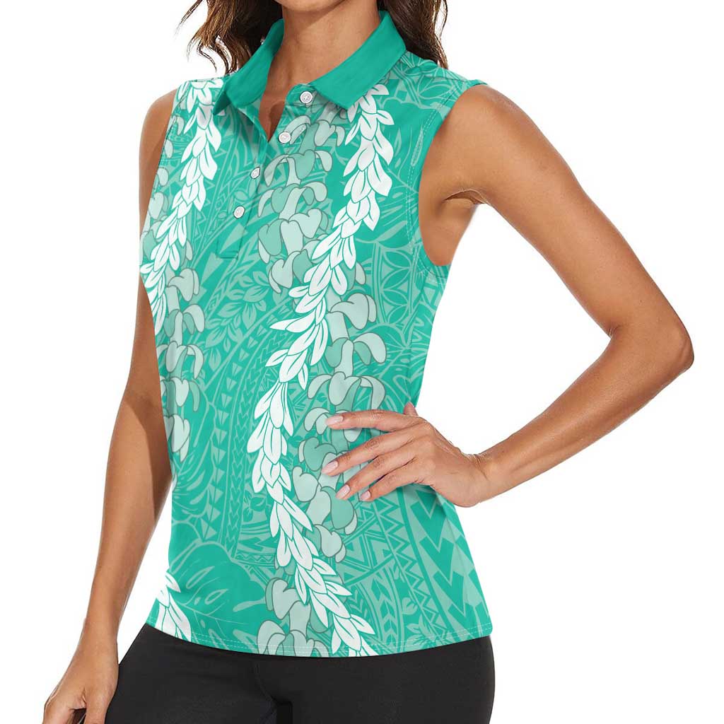 Puakenikeni and Maile Lei Women Sleeveless Polo Shirt Sage Green Double Strand Lei LT9 - Polynesian Pride