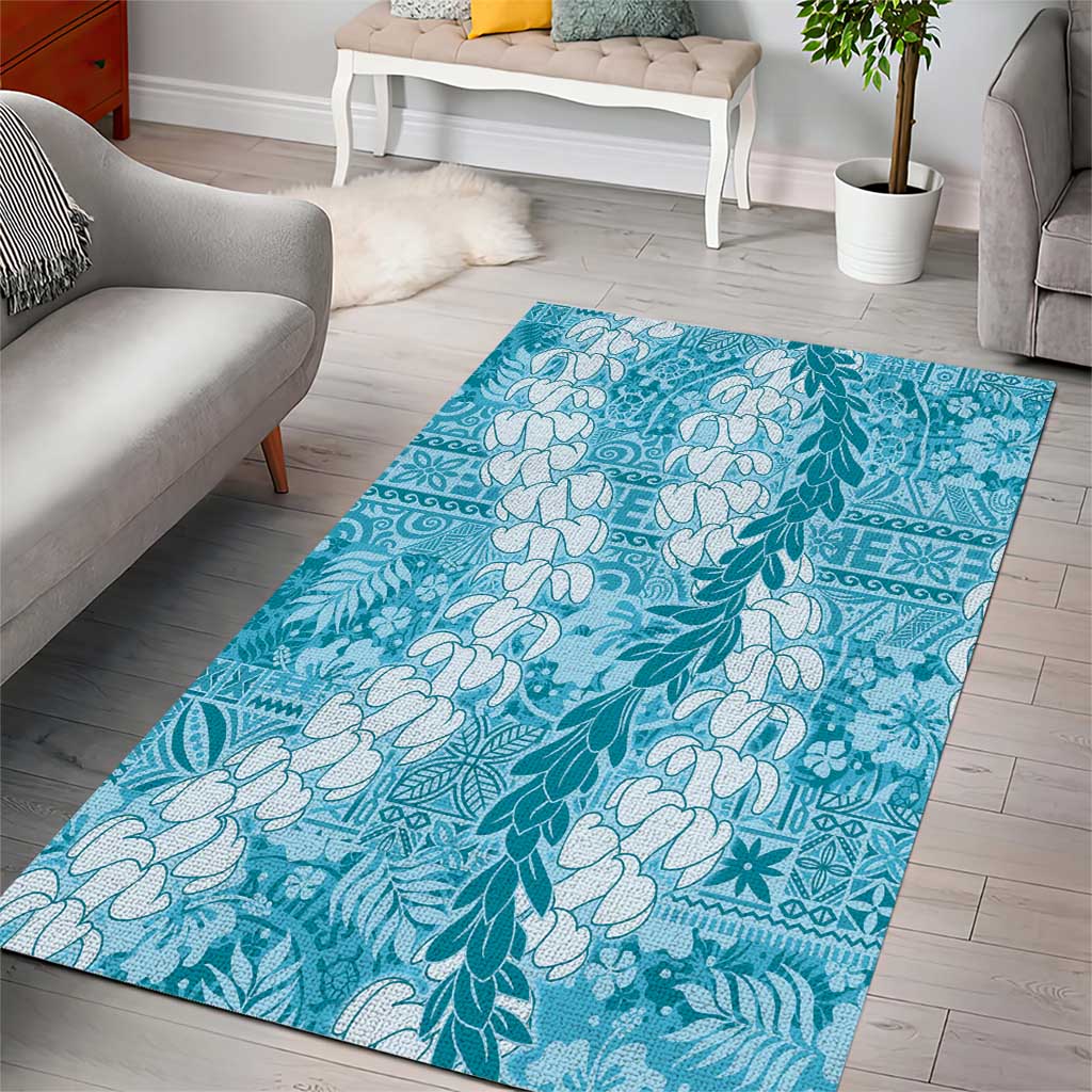Blue Puakenikeni and Maile Lei Area Rug Hawaiian Style Tribal Tapa Double Strand Lei