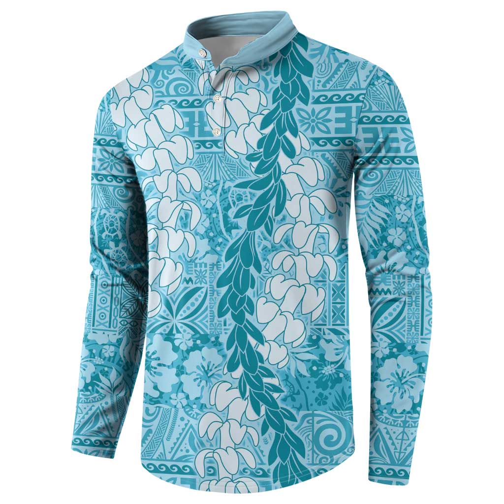 Blue Puakenikeni and Maile Lei Button Sweatshirt Hawaiian Style Tribal Tapa Double Strand Lei