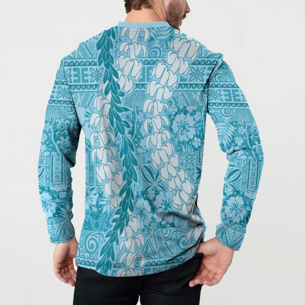 Blue Puakenikeni and Maile Lei Button Sweatshirt Hawaiian Style Tribal Tapa Double Strand Lei