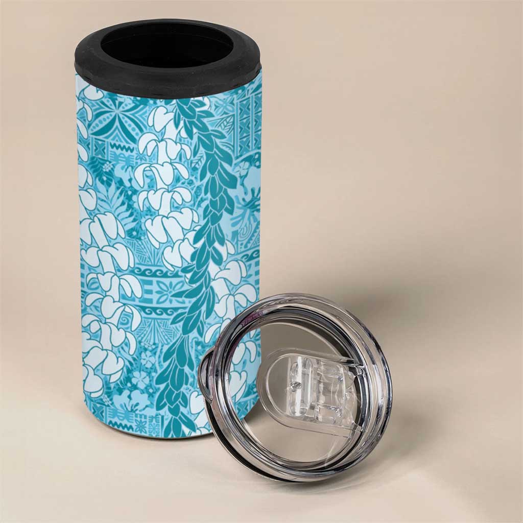 Blue Puakenikeni and Maile Lei 4 in 1 Can Cooler Tumbler Hawaiian Style Tribal Tapa Double Strand Lei