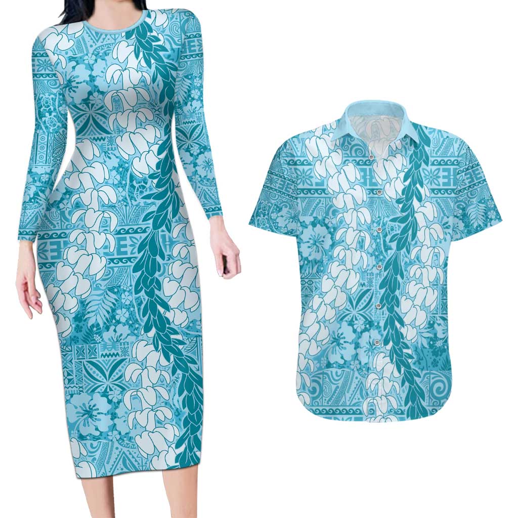 Blue Puakenikeni and Maile Lei Couples Matching Long Sleeve Bodycon Dress and Hawaiian Shirt Hawaiian Style Tribal Tapa Double Strand Lei