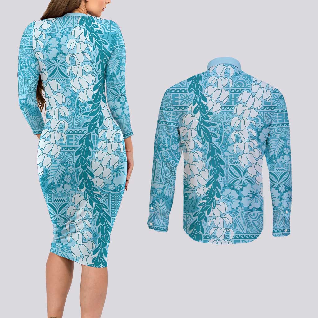 Blue Puakenikeni and Maile Lei Couples Matching Long Sleeve Bodycon Dress and Long Sleeve Button Shirt Hawaiian Style Tribal Tapa Double Strand Lei