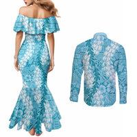 Blue Puakenikeni and Maile Lei Couples Matching Mermaid Dress and Long Sleeve Button Shirt Hawaiian Style Tribal Tapa Double Strand Lei