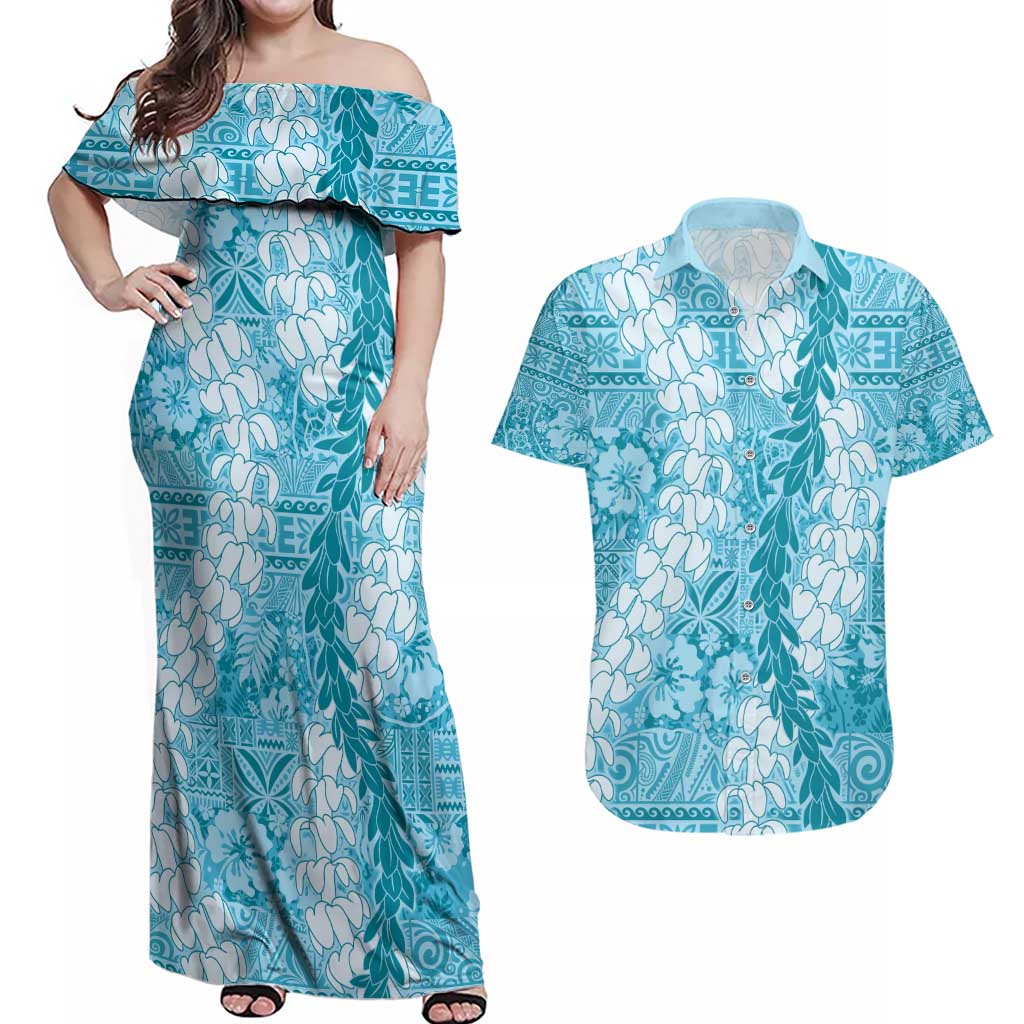 Blue Puakenikeni and Maile Lei Couples Matching Off Shoulder Maxi Dress and Hawaiian Shirt Hawaiian Style Tribal Tapa Double Strand Lei