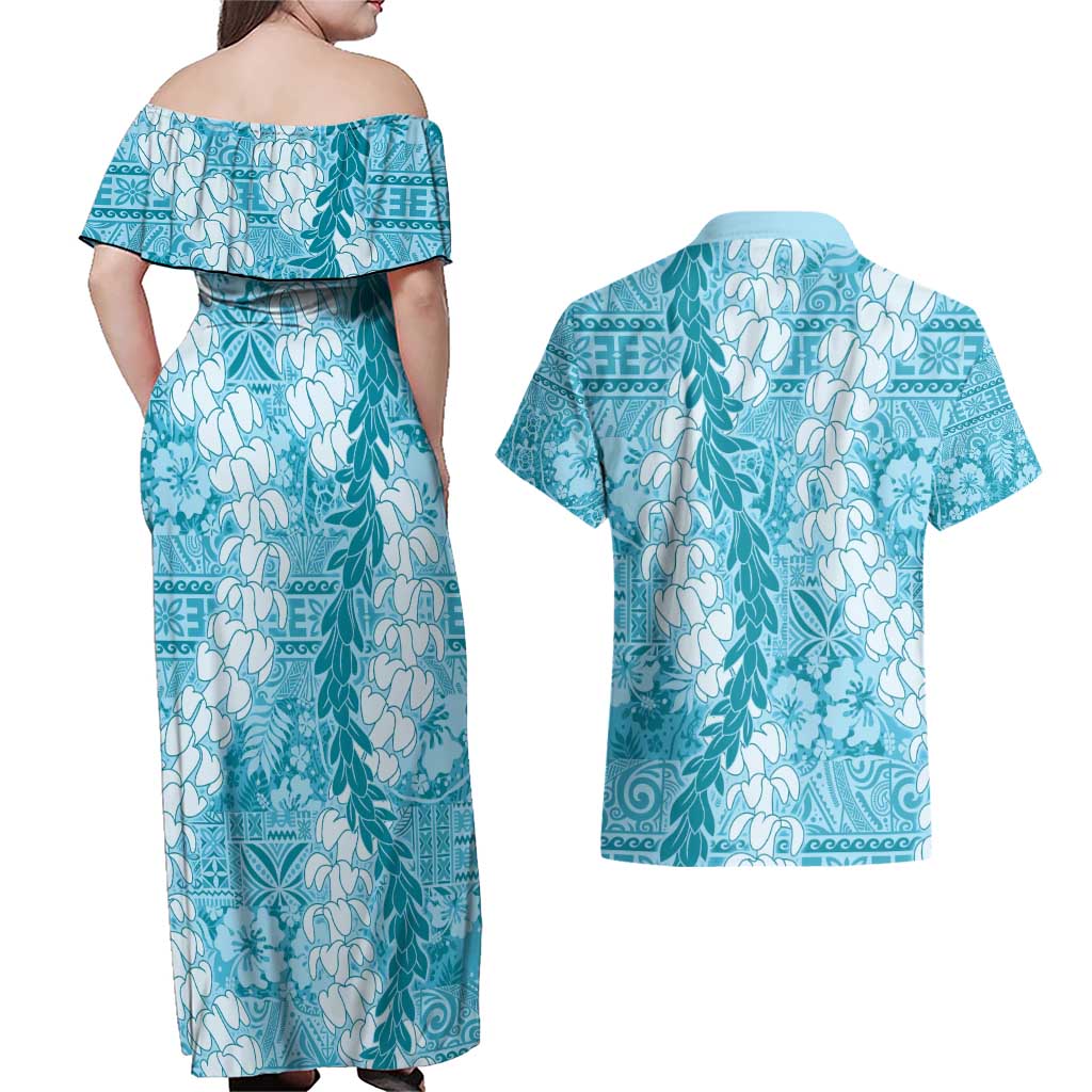 Blue Puakenikeni and Maile Lei Couples Matching Off Shoulder Maxi Dress and Hawaiian Shirt Hawaiian Style Tribal Tapa Double Strand Lei