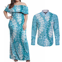 Blue Puakenikeni and Maile Lei Couples Matching Off Shoulder Maxi Dress and Long Sleeve Button Shirt Hawaiian Style Tribal Tapa Double Strand Lei