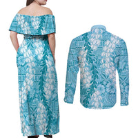 Blue Puakenikeni and Maile Lei Couples Matching Off Shoulder Maxi Dress and Long Sleeve Button Shirt Hawaiian Style Tribal Tapa Double Strand Lei