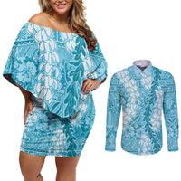 Blue Puakenikeni and Maile Lei Couples Matching Off Shoulder Short Dress and Long Sleeve Button Shirt Hawaiian Style Tribal Tapa Double Strand Lei