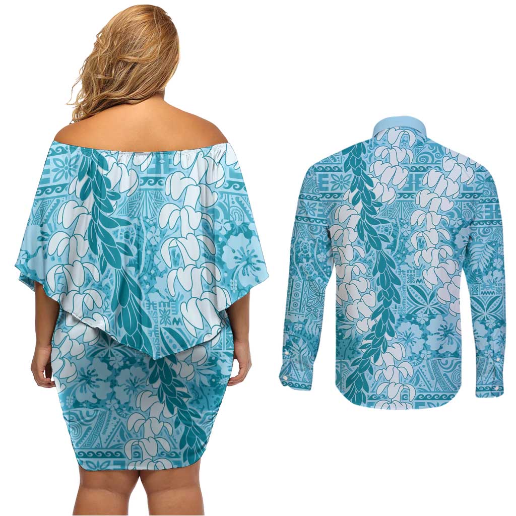 Blue Puakenikeni and Maile Lei Couples Matching Off Shoulder Short Dress and Long Sleeve Button Shirt Hawaiian Style Tribal Tapa Double Strand Lei