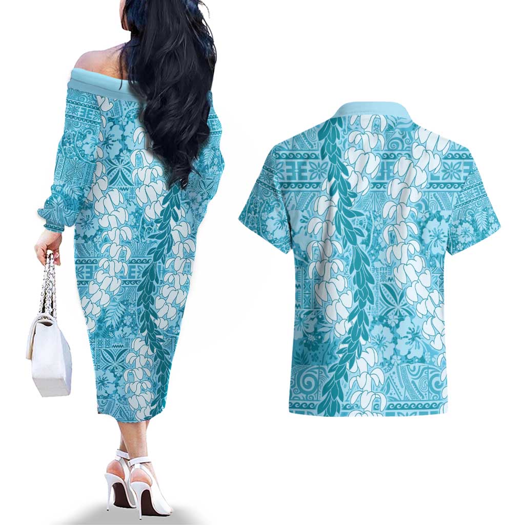 Blue Puakenikeni and Maile Lei Couples Matching Off The Shoulder Long Sleeve Dress and Hawaiian Shirt Hawaiian Style Tribal Tapa Double Strand Lei