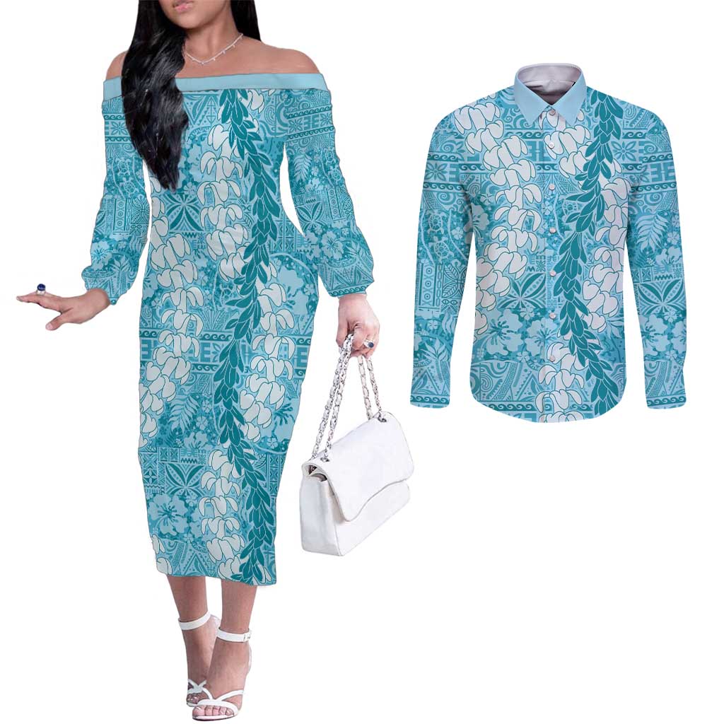Blue Puakenikeni and Maile Lei Couples Matching Off The Shoulder Long Sleeve Dress and Long Sleeve Button Shirt Hawaiian Style Tribal Tapa Double Strand Lei