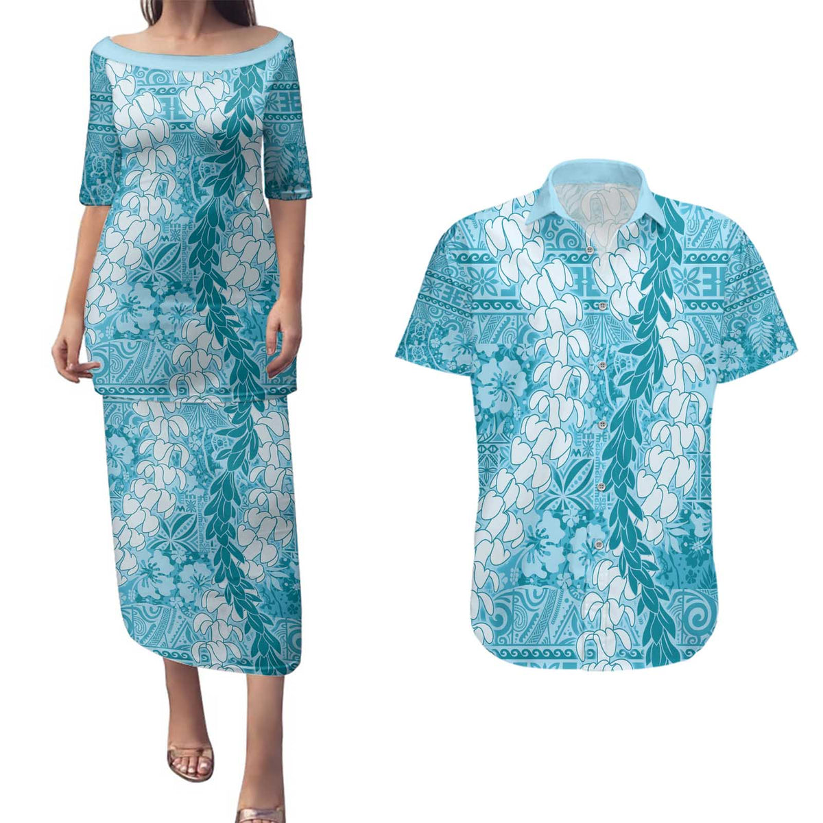 Blue Puakenikeni and Maile Lei Couples Matching Puletasi and Hawaiian Shirt Hawaiian Style Tribal Tapa Double Strand Lei