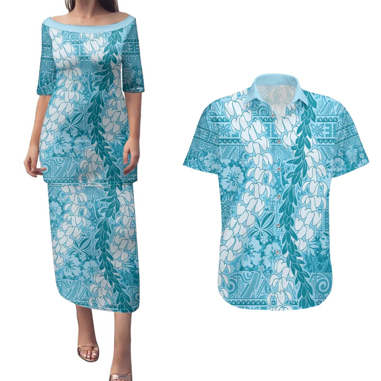 Blue Puakenikeni and Maile Lei Couples Matching Puletasi and Hawaiian Shirt Hawaiian Style Tribal Tapa Double Strand Lei