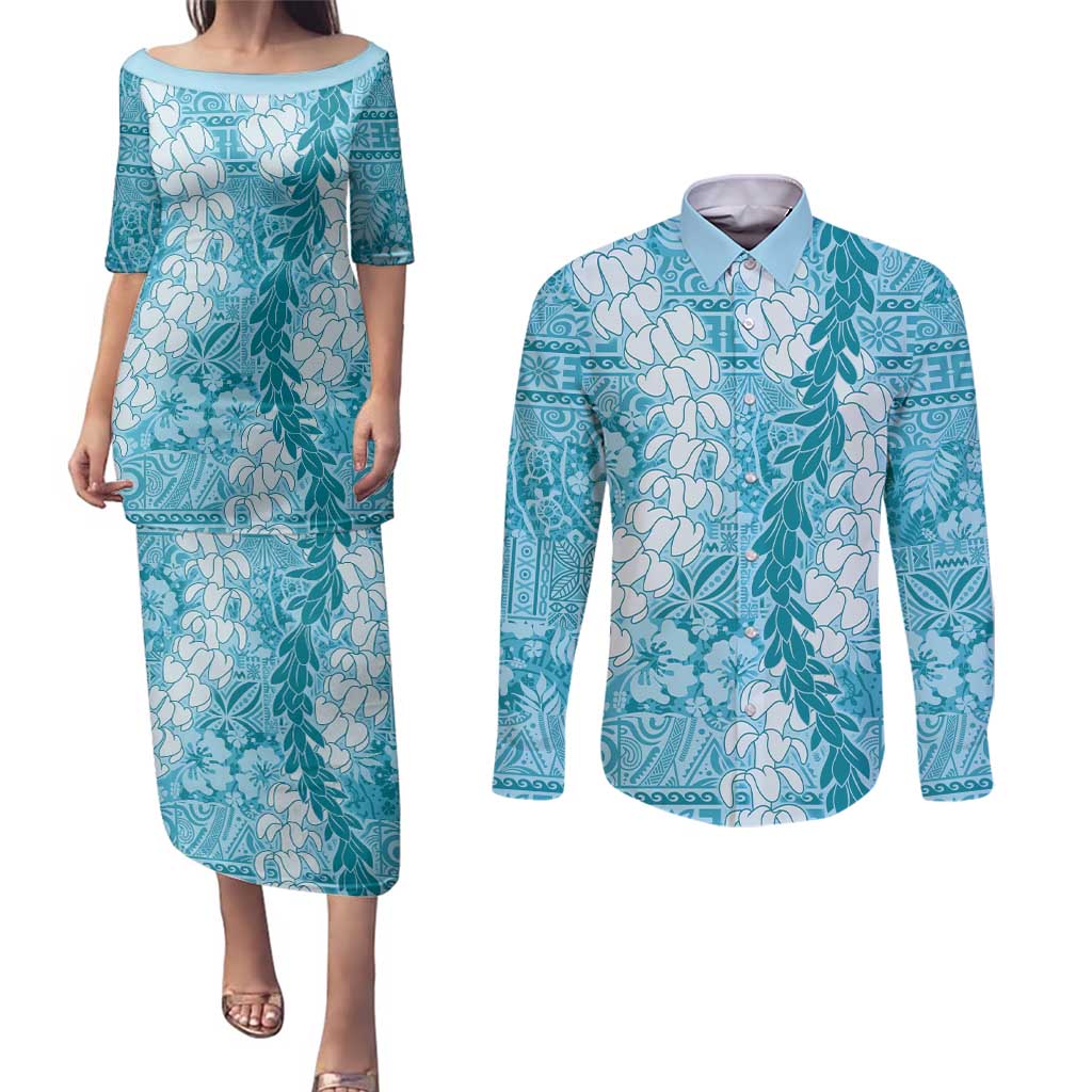 Blue Puakenikeni and Maile Lei Couples Matching Puletasi and Long Sleeve Button Shirt Hawaiian Style Tribal Tapa Double Strand Lei