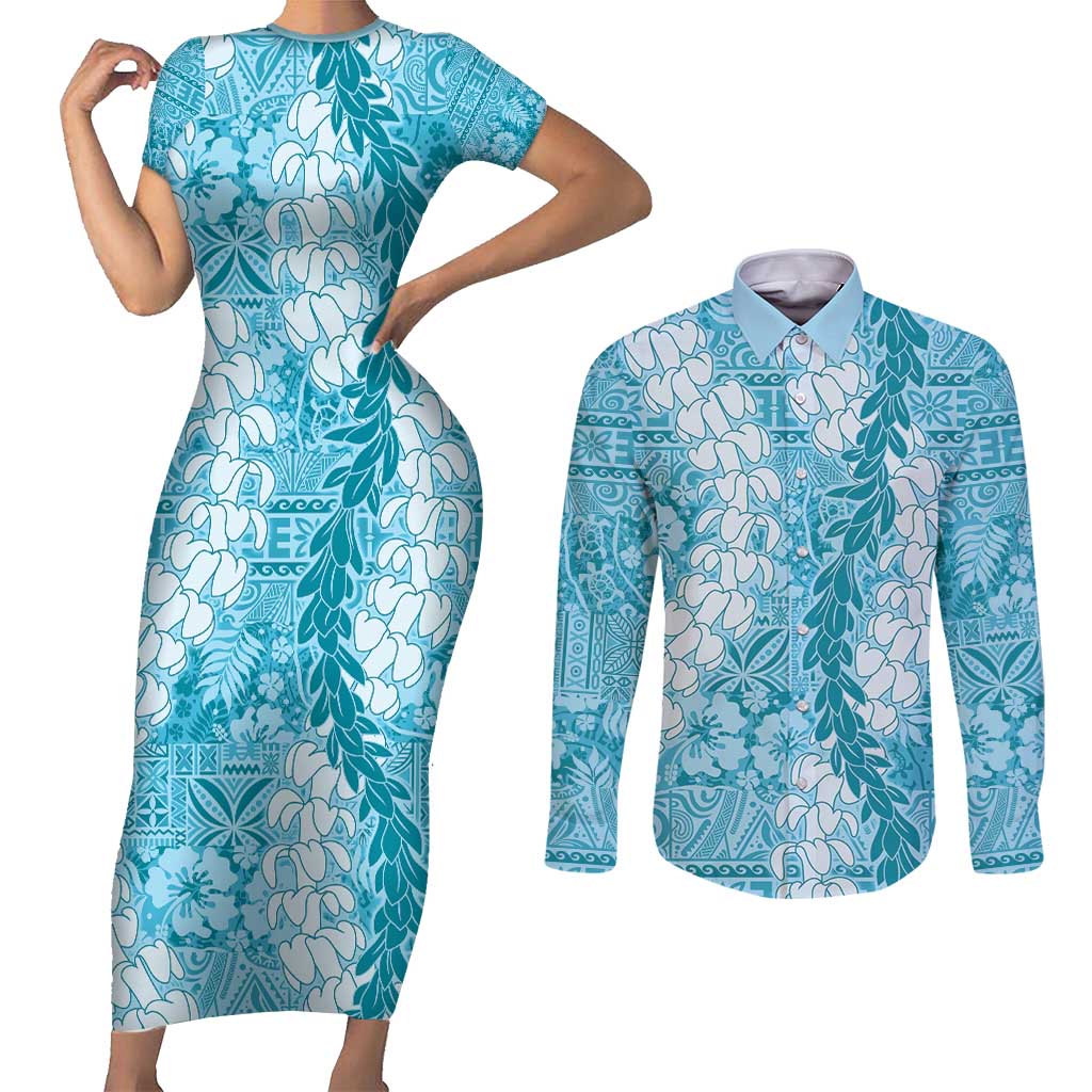 Blue Puakenikeni and Maile Lei Couples Matching Short Sleeve Bodycon Dress and Long Sleeve Button Shirt Hawaiian Style Tribal Tapa Double Strand Lei