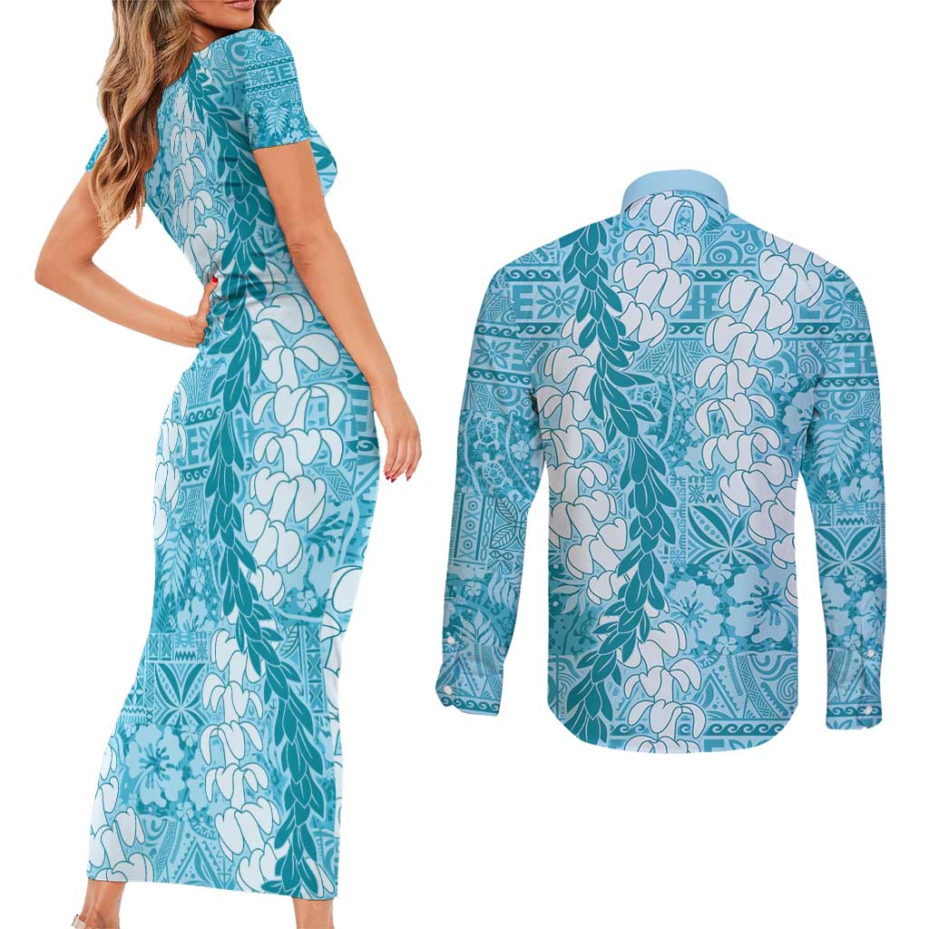 Blue Puakenikeni and Maile Lei Couples Matching Short Sleeve Bodycon Dress and Long Sleeve Button Shirt Hawaiian Style Tribal Tapa Double Strand Lei