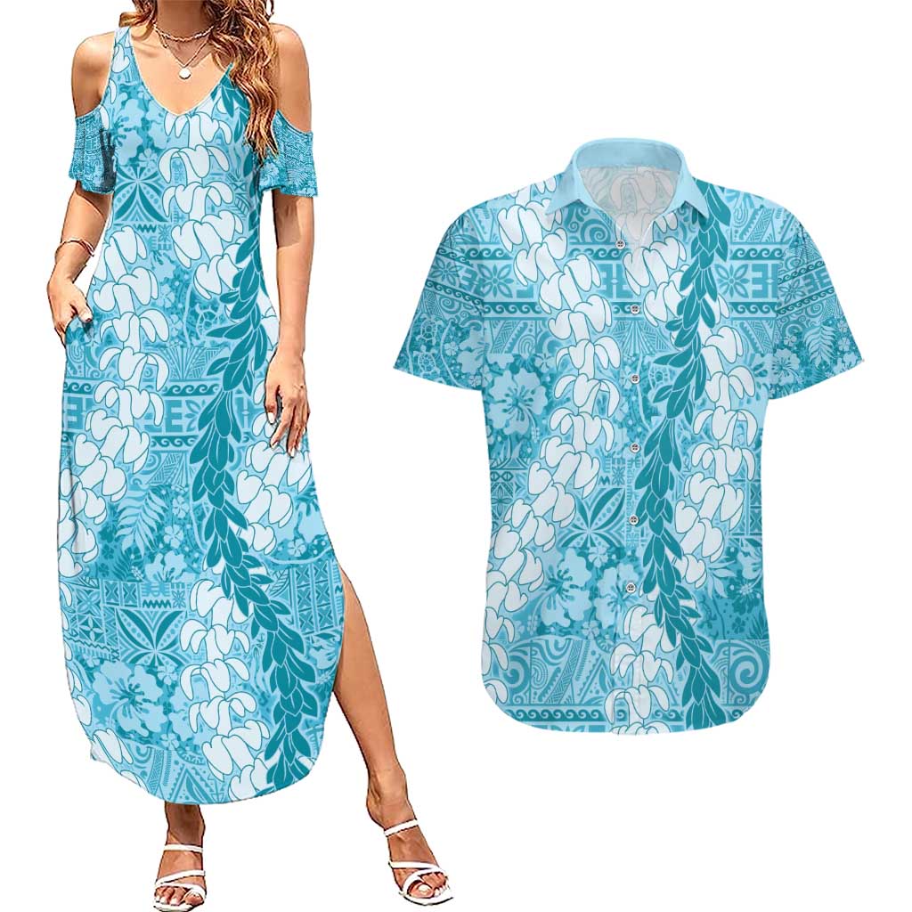 Blue Puakenikeni and Maile Lei Couples Matching Summer Maxi Dress and Hawaiian Shirt Hawaiian Style Tribal Tapa Double Strand Lei