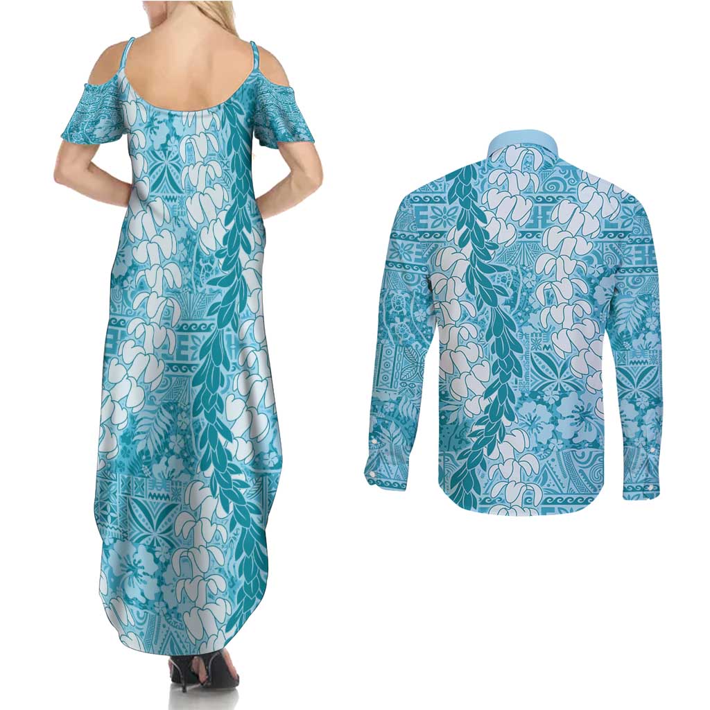 Blue Puakenikeni and Maile Lei Couples Matching Summer Maxi Dress and Long Sleeve Button Shirt Hawaiian Style Tribal Tapa Double Strand Lei
