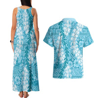 Blue Puakenikeni and Maile Lei Couples Matching Tank Maxi Dress and Hawaiian Shirt Hawaiian Style Tribal Tapa Double Strand Lei