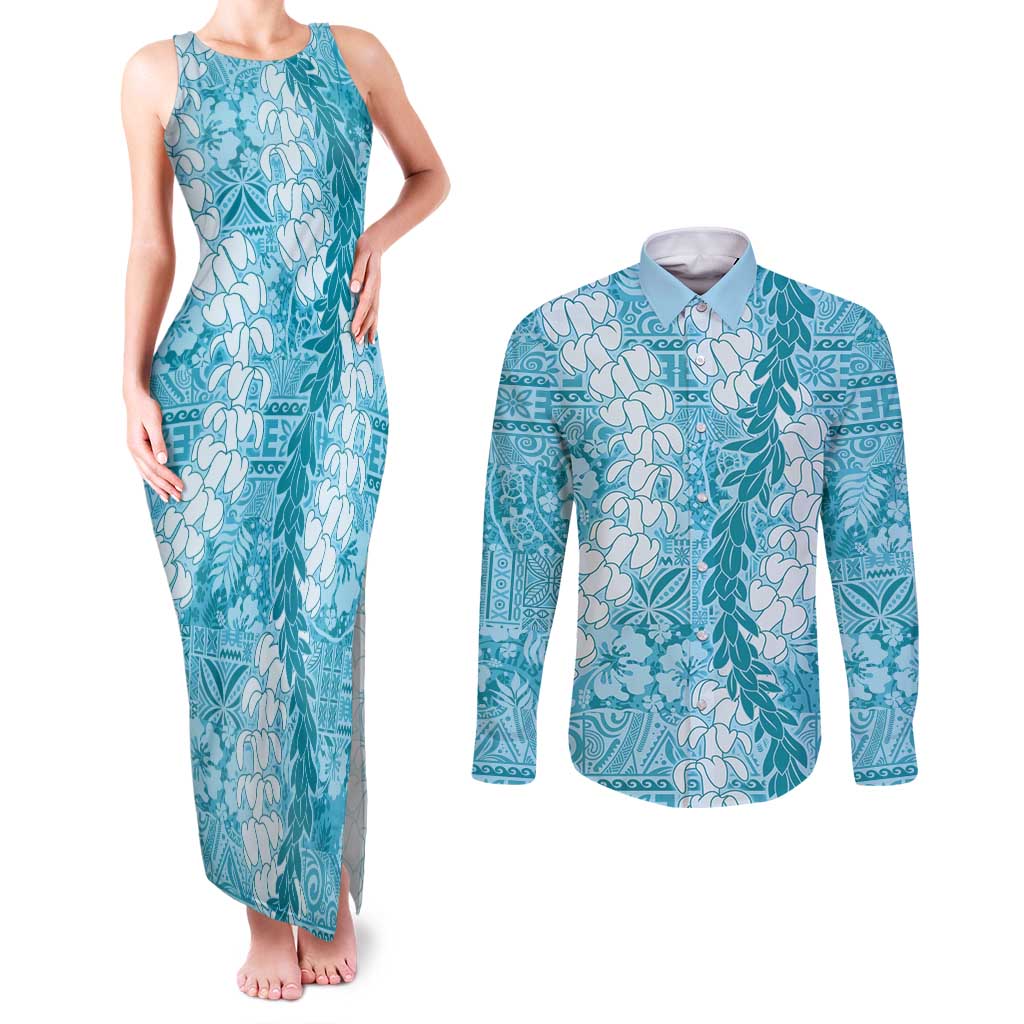 Blue Puakenikeni and Maile Lei Couples Matching Tank Maxi Dress and Long Sleeve Button Shirt Hawaiian Style Tribal Tapa Double Strand Lei