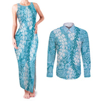 Blue Puakenikeni and Maile Lei Couples Matching Tank Maxi Dress and Long Sleeve Button Shirt Hawaiian Style Tribal Tapa Double Strand Lei