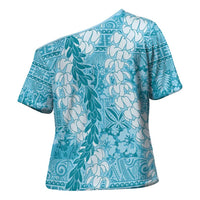 Blue Puakenikeni and Maile Lei Cross Shoulder Shirt Hawaiian Style Tribal Tapa Double Strand Lei LT9 - Polynesian Pride