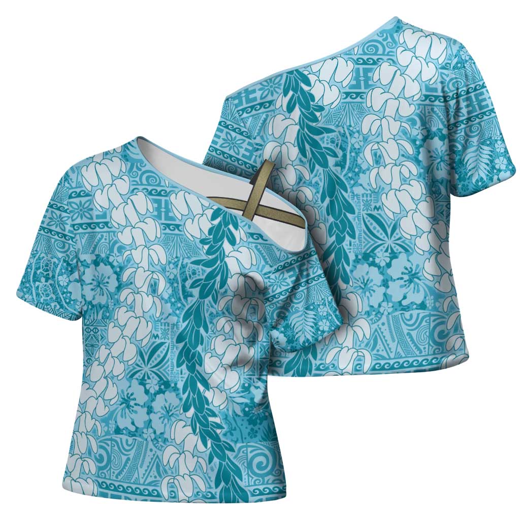 Blue Puakenikeni and Maile Lei Cross Shoulder Shirt Hawaiian Style Tribal Tapa Double Strand Lei LT9 - Polynesian Pride