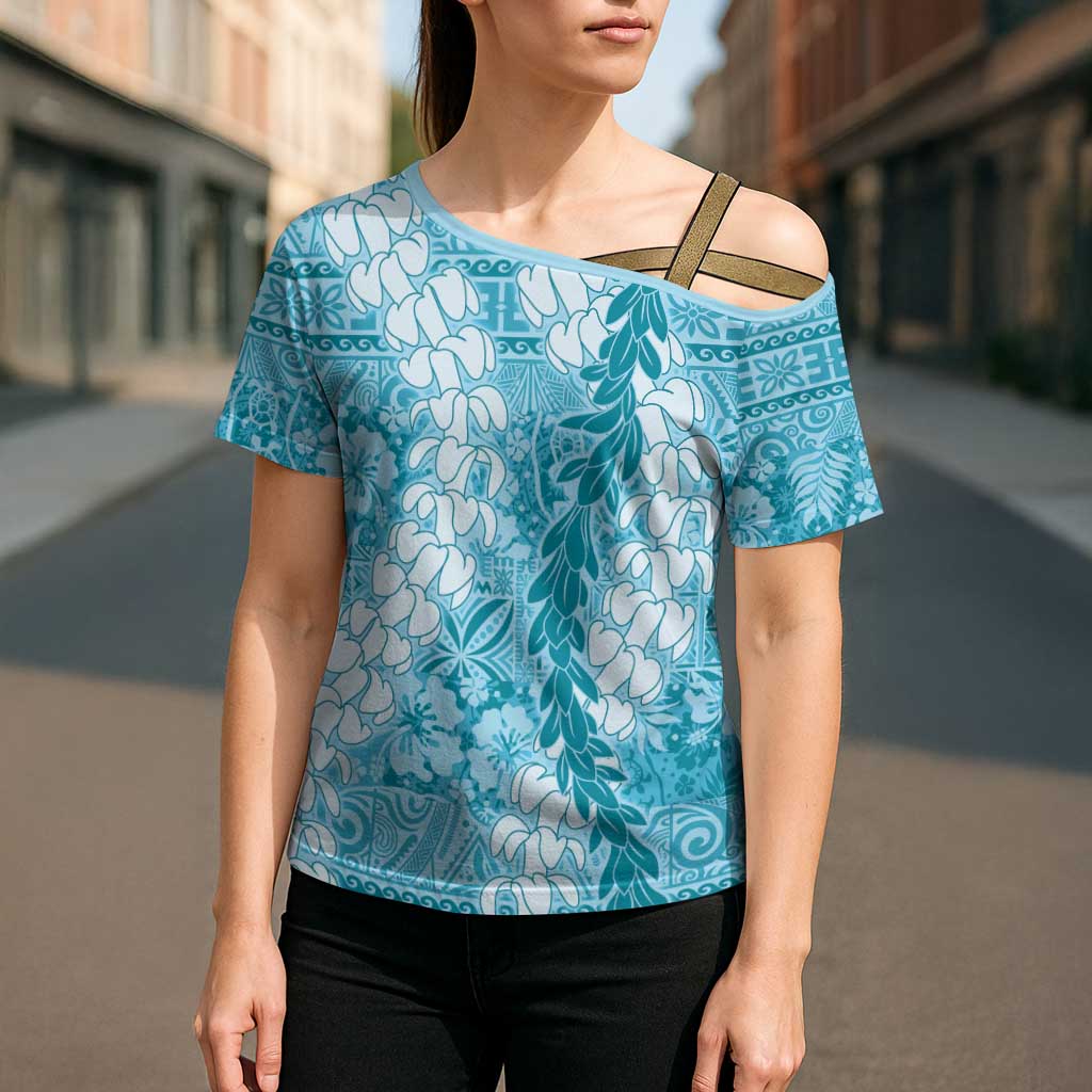 Blue Puakenikeni and Maile Lei Cross Shoulder Shirt Hawaiian Style Tribal Tapa Double Strand Lei LT9 - Polynesian Pride